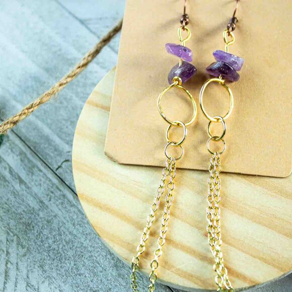 Amethyst Chip Earrings with 14k Gold Dangle Chain and Gold Hoop Drop - Picture 14 of 15
